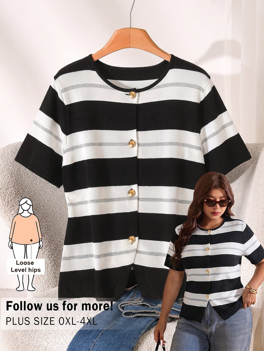 CosyJoli Plus Size Cardigan, Knit Top, Short Sleeve Spring/Summer Casual Elegant Women's Striped Top, Office Wear Air Conditioning Fall/Winter - Multicolor - View 1