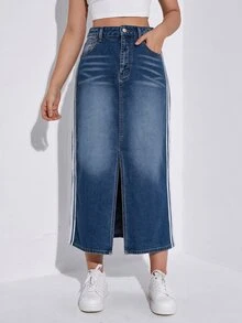 SHEIN تنورة جينز كاجوال للنساء مع جيوب جانبية وحافة مخططة وفتحة - الأزرق - مشاهدة 5