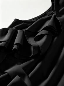 GlowEve CURVE Plus Size Women's Solid Color Round Neck Patchwork Ruffle Waist Tie Elegant Blouse - Black - View 3