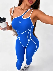 SHEIN Core Rhythm 女款鏤空設計健身房不對稱領口運動連身褲 - 藍色 - 查看 5