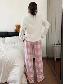 Napfluff Women's Plush Plaid Print Patch Pocket Long Sleeve Pants Loungewear Set - White - View 2
