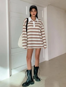 DAZY 女款條紋寬鬆版型半開襟鈕扣長袖T恤圖案印花可愛上衣大碼女式T恤 - 白色 - 查看 6