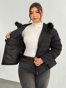Firerie Plus Size Winter Faux Fur Hooded Jacket With Zipper And Cinching Waist - Black - View 8