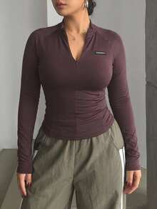 Livesso Slim Fit Semi-High Neck Letter Silicone Patch Fitted Long Sleeve T-Shirt - Brown - View 1