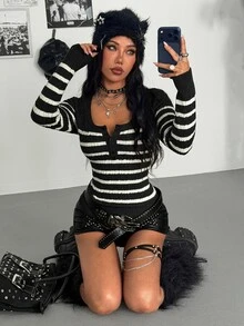 StreetHx 女款秋冬大圓領鈕扣對比色條紋粗針編織可愛百搭熱門日常修身長袖針織衫 - 深灰色 - 查看 8