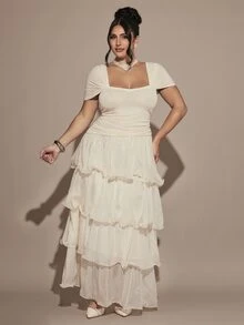 Gossip Girl X SHEIN SHEIN BAE CURVE Plus Size Women's Ruffle Pleated Fashion Party Long Dress - Apricot - View 5