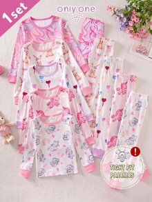 SHEIN 女童幼兒貼身舒適睡衣套裝，長袖上衣與長褲，粉色夢幻卡通獨角獸印花，四季適用，適合居家或戶外玩耍，柔軟親膚 - 粉色 - 查看 1