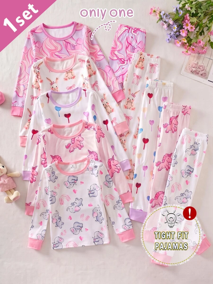 SHEIN 女童幼兒貼身舒適睡衣套裝,長袖上衣與長褲,粉色夢幻卡通獨角獸印花,四季適用,適合居家或戶外玩耍,柔軟親膚 - 粉色 - 查看 1