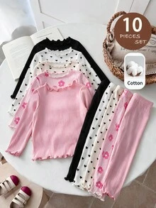SHEIN LMoss Kids 女嬰針織純色波點條紋愛心圖案荷葉邊飾T恤與長褲10件套 - 彩色 - 查看 1