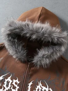 ROMWE MEN Goth Men's Hooded Long Sleeve Zip-Up Pocket Printed Sweatshirt - Coffee Brown - View 6