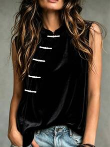 LUMIGAL Women's New Chinese Style Velvet Contrast Color Frog Button Sleeveless Tank Top - Black - View 1