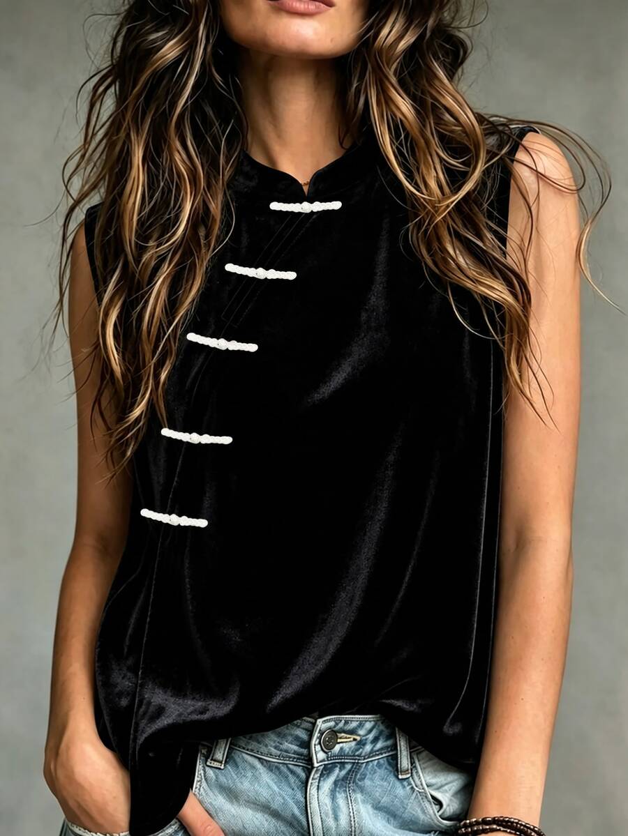 LUMIGAL Women's New Chinese Style Velvet Contrast Color Frog Button Sleeveless Tank Top - Black - View 1