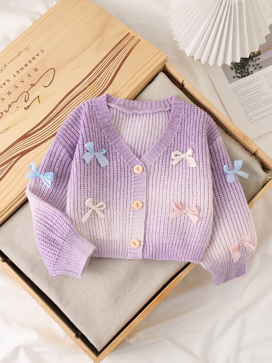 SHEIN Playful Pals 女童蝴蝶結裝飾漸層色開襟衫,適合秋冬穿著 - 紫色 - 查看 1