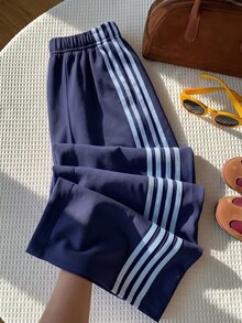 SHEIN Sparklyn Tween Girls 寬腿美式休閒百搭日常運動街頭風對比色腰頭鬆身長褲，秋季 - 藏蓝色 - 查看 2