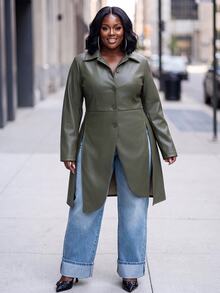 Slaydiva Blazer Panjang Kulit Imitasi Ukuran Besar, Jaket Slim Fit Kancing Tunggal - Hijau Army - Hijau - View 9