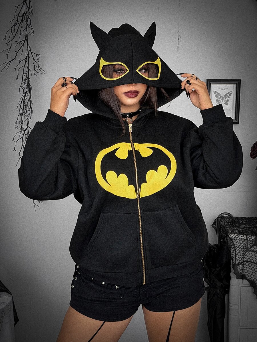 Whyspr BATMAN X SHEIN Plus Size Fashion Printed Colorblock Long Sleeve Sweatshirt - Black - View 1