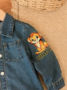 Cozy Pixies Baby Boys Denim Kids Cartoon Lion Pattern Blue Wide Cardigan Jacket Printed Denim Coat - Blue - View 5