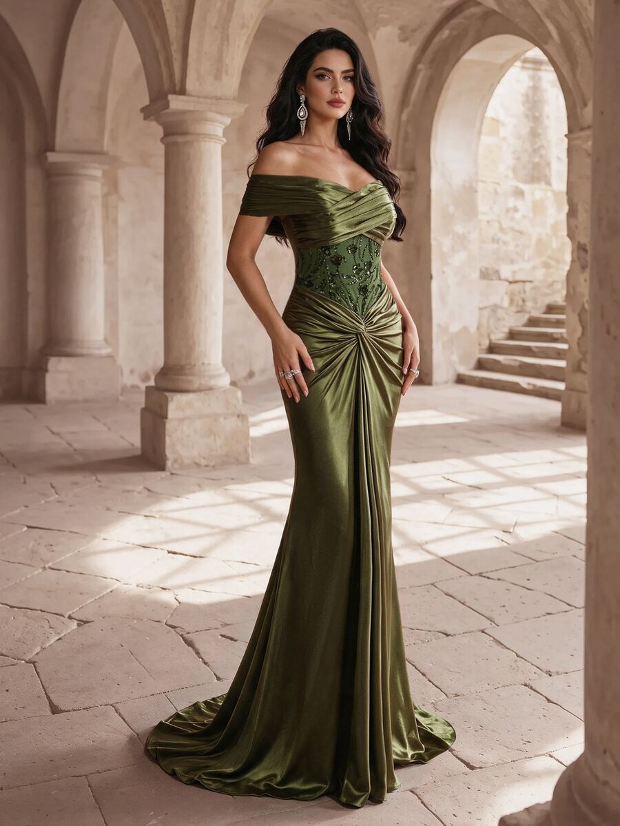 Coutiva Women's Elegant Embroidered Pleated Mermaid Formal Evening Gown - Olive Green - View 1