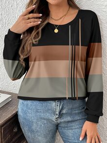 Comfylo 秋冬新款教師節感恩節配色拼色條紋印花大尺碼女款休閒落肩袖圓領寬鬆版型T恤，適合春秋穿著 - 彩色 - 查看 5