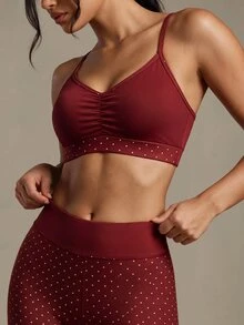 SHEIN Dewbera Women's Polka Dot Pleated Camisole Top And Fitted Cropped Leggings Sports Set - Burgundy - View 6