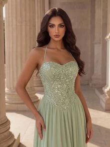 Coutiva Light Green Halter Neck Heart-Shaped Collar Sequin Patchwork Chiffon Flowy Long Evening Gown - Green - View 1