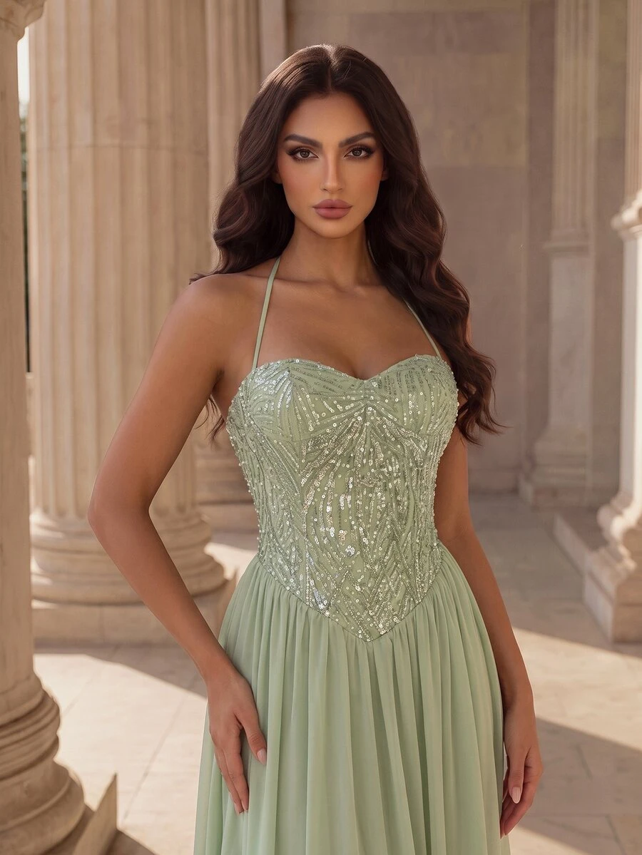 Coutiva Light Green Halter Neck Heart-Shaped Collar Sequin Patchwork Chiffon Flowy Long Evening Gown - Green - View 1