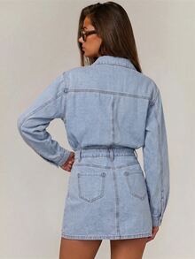 Athîral Denim 女款修身淺藍色牛仔迷你洋裝，水洗質感，蕾絲拼接，前襟鈕扣，春秋款，浪漫西式時尚，牛仔洋裝 - 藍色 - 查看 2