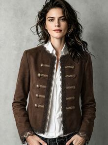 LUMIGAL Dark Brown Suede Round Neck Lace Trim Vintage Long Sleeve Women's Jacket - Coffee Brown - View 8