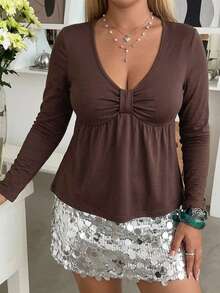 Dazy Plus Solid Color Fitted Bow Knot Twisted Elegant Casual Versatile Long Sleeve T-Shirt - Brown - View 3