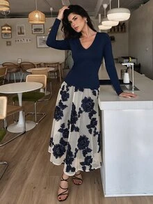 Modelyn Women's Elegant Autumn Solid Color V-Neck Long Sleeve Fitted Top & 3D Floral Mesh Midi Skirt 2 Pieces Set, Date & Commute Vibe - Navy Blue - View 6