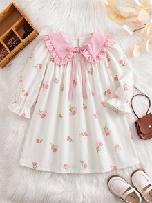 SHEIN LMoss Kids 女嬰女童可愛度假休閒圖案蝴蝶結長袖寬鬆洋裝，秋季花卉洋裝，粉色彼得潘領 - 彩色 - 查看 7