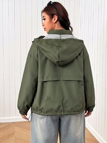 SHEIN EZwear Plus Size Women's Plaid Pattern Zip-Up Drawstring Hooded Jacket - Army Green - View 2