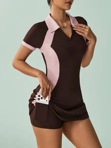 SHEIN Sovereign Charm 2pcs Women's Summer Sports Dress, Fitted Contrast Color Polo Collar, Side Patchwork, Short Sleeve A-Line With Detachable Shorts And Pockets, Running - Multicolor - View 2
