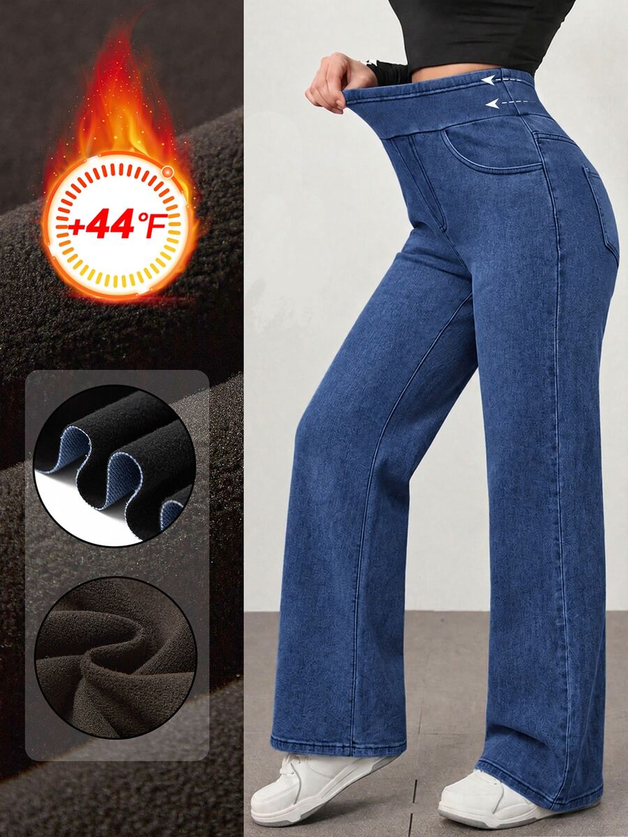 Flexra Women's Loose Straight Leg Stretch Plus Size Denim Jeans - Blue - View 1