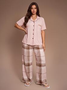 Lazeform Plus Size Button-Up Frill Trim Cardigan And Plaid Loose Fit Long Pants Pajama Set - Pink - View 3
