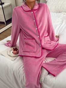 Napfluff Women's Coral Fleece Thickened Long Sleeve Long Pants Casual Loungewear - Hot Pink - View 3