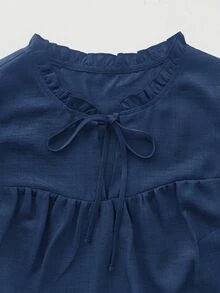 Linhara CURVE 女款純色前綁帶荷葉邊休閒賽車風長袖襯衫，春秋度假正式穿搭，棕色秋季款 - 藏蓝色 - 查看 5