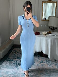 DAZY Women's Korean Style Ribbed Button Short Sleeve Knit Dress - Blue - View 3