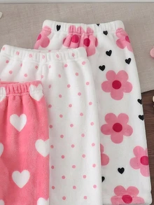 3pcs/Set, Baby Girl Casual Polka Dot Heart Floral Pattern Winter Pants - Multicolor - View 6