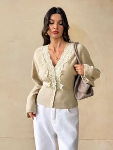 SHEIN Tall Women's New Autumn Lace Patchwork V-Neck Cinched Waist Cardigan - Apricot - View 5