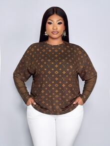 SOLERSUN Plus Size Women Letter Print Contrast Mesh 2 In 1 T-Shirt Fall Vacation Going Out Casual Cargo - Brown - View 2