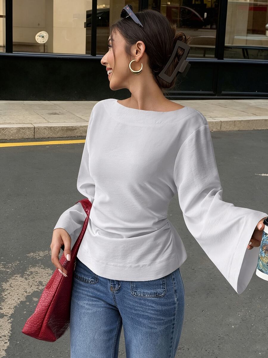 EMERY ROSE Women's Solid Color Round Neck Ruffle Flare Sleeve Fashion Blouse Everyday Olive Green Autumn Casual - Light Grey - View 1