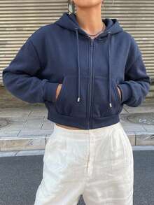 DAZY Sweatshirt Berkerudung Kasual Warna Polos untuk Wanita, Cocok untuk Pemakaian Sehari-hari - Navy Blue - View 6