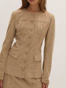 MUSEYN Beige Faux Suede Tailored Blazer Versatile Everyday Casual Chic Date Night New Season Fall - Khaki - View 5