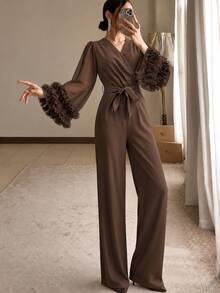 Modelyn Autumn/Winter Elegant Fashion V-Neck Cross Ruffle Long Sleeve Jumpsuit With Bow Waist Belt And Draped Wide Leg Pants For Women - Coffee Brown - View 5