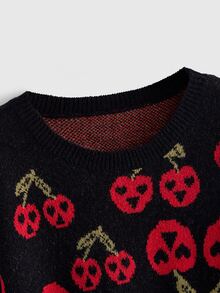 ROMWE Dark Gothic Halloween Ghost Face Jacquard Distressed Design Crew Neck Pullover Loose Fit Sweater - Black - View 3