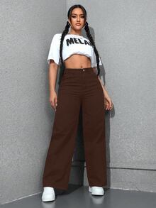 SHEIN Unity 大尺碼牛仔女郎套裝 黑色無彈力修身直筒牛仔褲 春季女裝 - 咖啡棕 - 查看 4