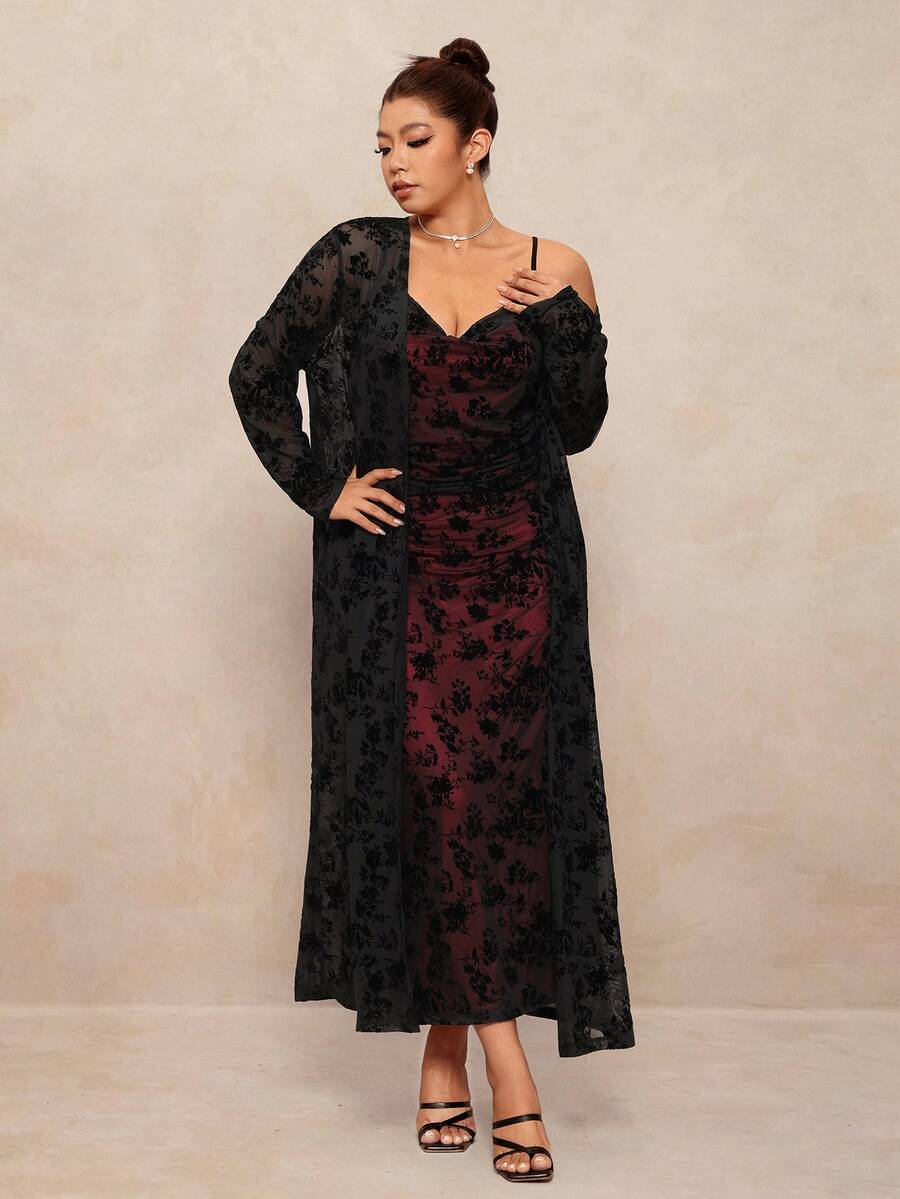 Elaquor Plus Size Women's Printed Waist-Cinching Cami Dress And Long Sleeve Cover-Up 2 Pieces Set Fall - Multicolor - View 1