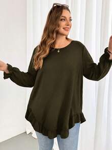 Shapeblank Plus Size Women's Spring/Autumn Fashion Casual Loose Comfortable Daily Basic Versatile Slimming Ruffle Hem Black Long Sleeve Shirt - Army Green - View 5