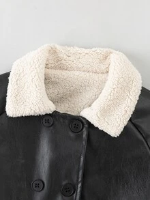 SHEIN 女童落肩袖雙排扣泰迪毛內裡大衣 冬季 - 黑色 - 查看 6